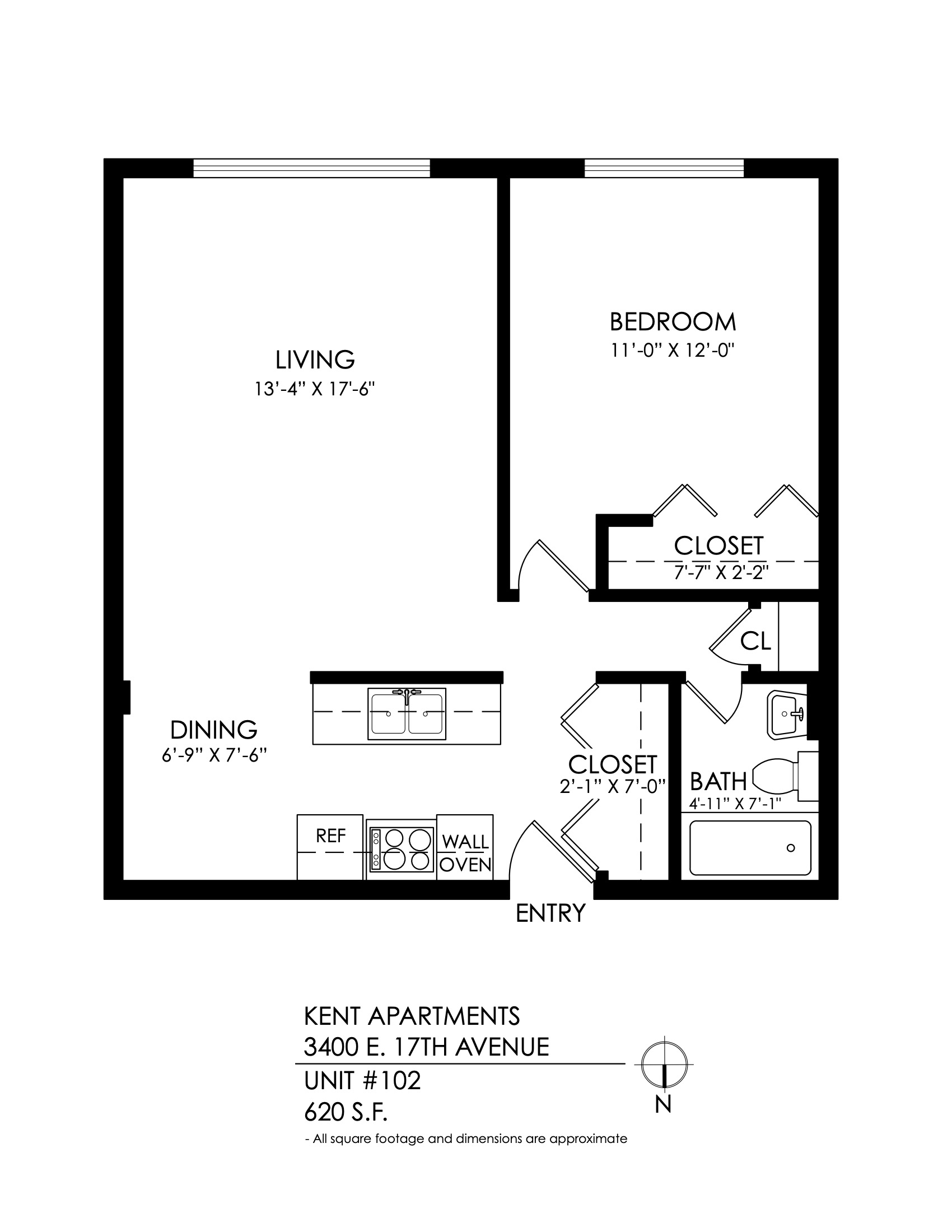 Floor plan for 1 bed, 1 bath, 660 sqft
